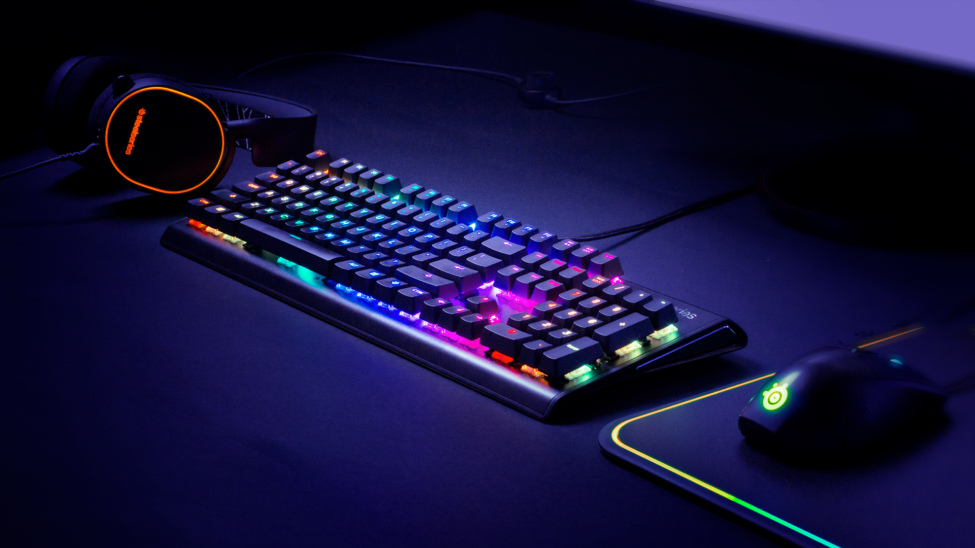 gaming keyboard, mouse and headphones